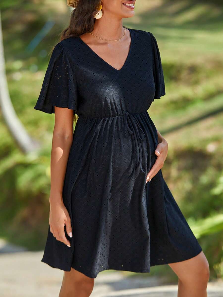 SHEIN 孕婦V領蝴蝶袖網眼刺繡洋裝