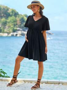 SHEIN 孕婦V領蝴蝶袖網眼刺繡洋裝