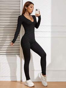 INAWLY Notched Neckline Tee Jumpsuit Fall Cloth For Women - Black - View 4