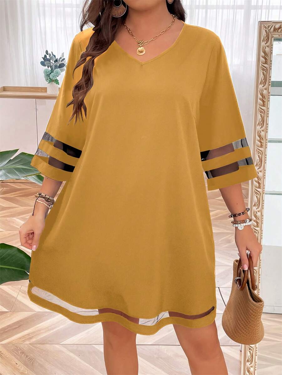 EMERY ROSE 大碼網紗拼接拼接直筒連衣裙 - 黃色 - 查看 1