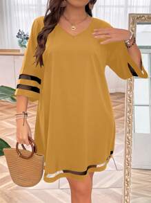 EMERY ROSE 大碼網紗拼接拼接直筒連衣裙 - 黃色 - 查看 5