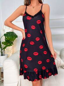 嘴唇印花蕾絲邊荷葉邊吊帶睡裙 - 黑色 - 查看 6