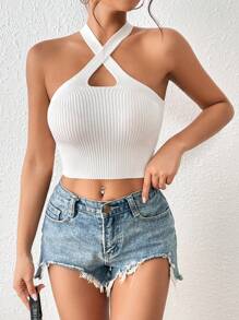 SHEIN Essnce 前交叉短款吊脖針織上衣 - 白色 - 查看 3