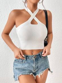 SHEIN Essnce 前交叉短款吊脖針織上衣 - 白色 - 查看 4