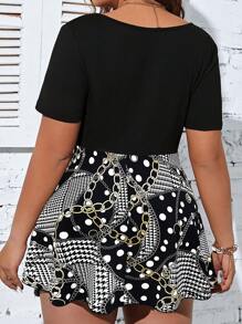 SHEIN LUNE Plus Polka Dot & Chain Print Lace Up Front Tee - Multicolor - View 2