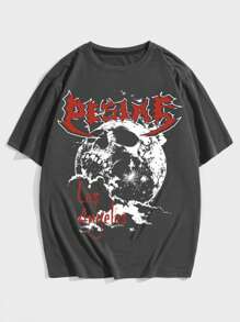 ROMWE MEN Grunge Punk Nam Hình ảnh Skull & chữ cái Áo thun - Xám - Xem 1