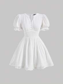 SHEIN MOD Contrast Lace Puff Sleeve Dress - White - View 1