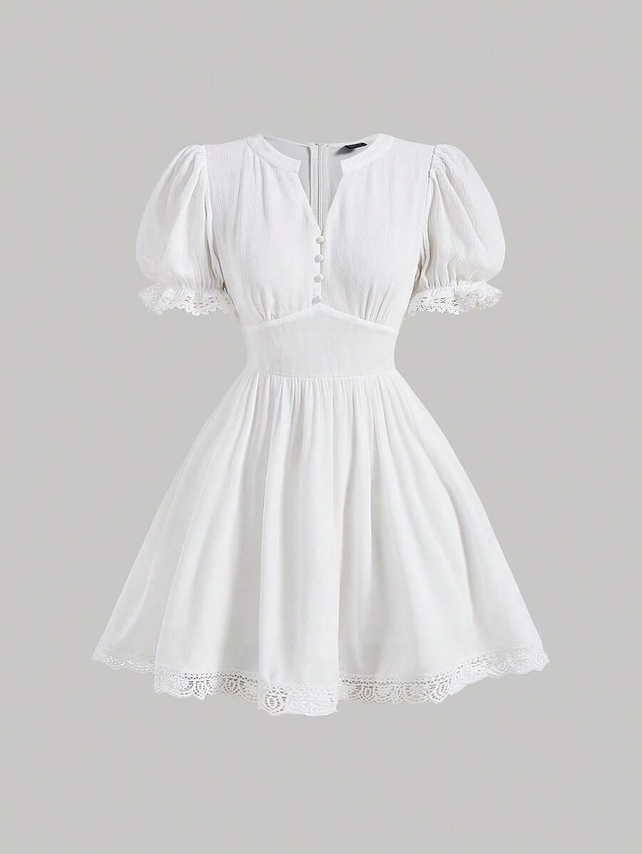 SHEIN MOD Contrast Lace Puff Sleeve Dress - White - View 1