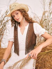 SHEIN MOD Contrast Lace Puff Sleeve Dress - White - View 5