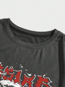 ROMWE MEN Grunge Punk Nam Hình ảnh Skull & chữ cái Áo thun - Xám - Xem 3