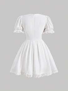 SHEIN MOD Contrast Lace Puff Sleeve Dress - White - View 2