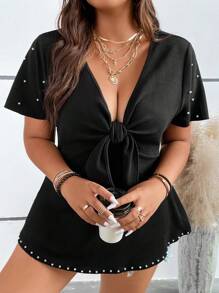 SHEIN Clasi 大碼珍珠串珠前打結深V領T恤 - 黑色 - 查看 5