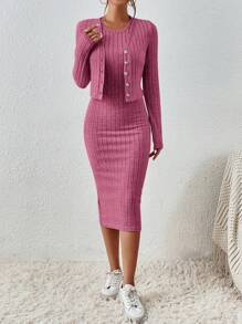 SHEIN Essnce Solid Button Front Tee & Bodycon Dress - Hot Pink - View 5