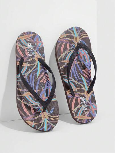 Grefit 女士鞋树叶图案趾尖时尚轻便户外黑色 PVC 人字拖夏季度假鞋夏季促销圣诞秋季