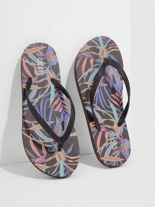 Woman Shoes Leaf Pattern Toe Post Fashion Lightweight Outdoor Black PVC Flip Flops For Summer Vacation Shoes Summer Spring Shoes Spring Break Easter For Casual Beach Style