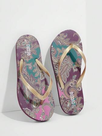 Woman Shoes Retro Paisley Pattern Toe Post Flip-Flops, Fashion Outdoor PVC Brown Flip Flops For Summer Vacation Shoes Summer Back To School Shoes College Student Shoes Spring Shoes Spring Break Easter For Casual Beach Style