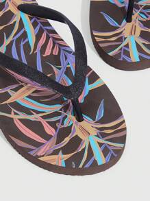 Woman Shoes Leaf Pattern Toe Post Fashion Lightweight Outdoor Black PVC Flip Flops For Summer Vacation Shoes Summer Spring Shoes Spring Break Easter For Casual Beach Style