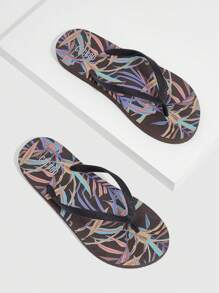 Woman Shoes Leaf Pattern Toe Post Fashion Lightweight Outdoor Black PVC Flip Flops For Summer Vacation Shoes Summer Spring Shoes Spring Break Easter For Casual Beach Style