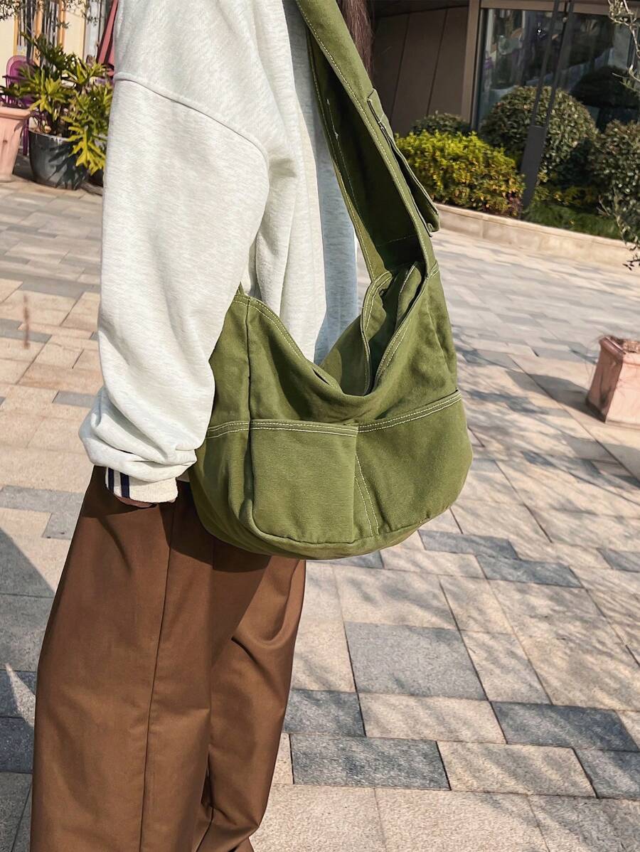 Minimalist Multi-compartment Shoulder Bag - Green - View 1