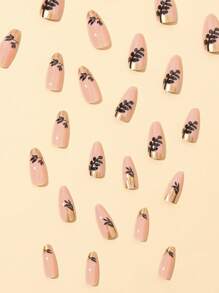 24 chiếc Móng tay giả dài họa tiết lá hạnh nhân & 1 dũa móng & 1 băng dính - Nhiều màu - Xem 6