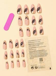 24 chiếc Móng tay giả dài họa tiết lá hạnh nhân & 1 dũa móng & 1 băng dính - Nhiều màu - Xem 7