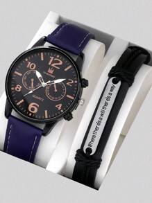 SHAARMS 1入組男士圓形指針石英手錶和1入組手環 - 藍色 - 查看 1