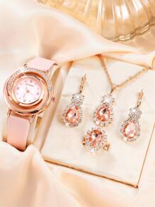 FanTeeDa 1入組水鑽裝飾圓形指針石英手錶和4入組首飾套裝 - 粉色 - 查看 1