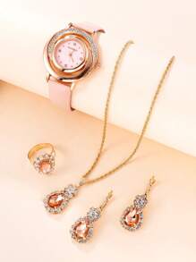 FanTeeDa 1入組水鑽裝飾圓形指針石英手錶和4入組首飾套裝 - 粉色 - 查看 2