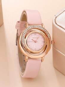 FanTeeDa 1入組水鑽裝飾圓形指針石英手錶和4入組首飾套裝 - 粉色 - 查看 3