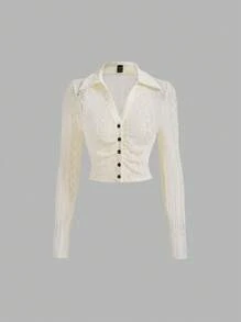 SHEIN MOD Áo thun nữ Xù Nút phía trước màu trơn Giải trí - Màu be - Xem 1