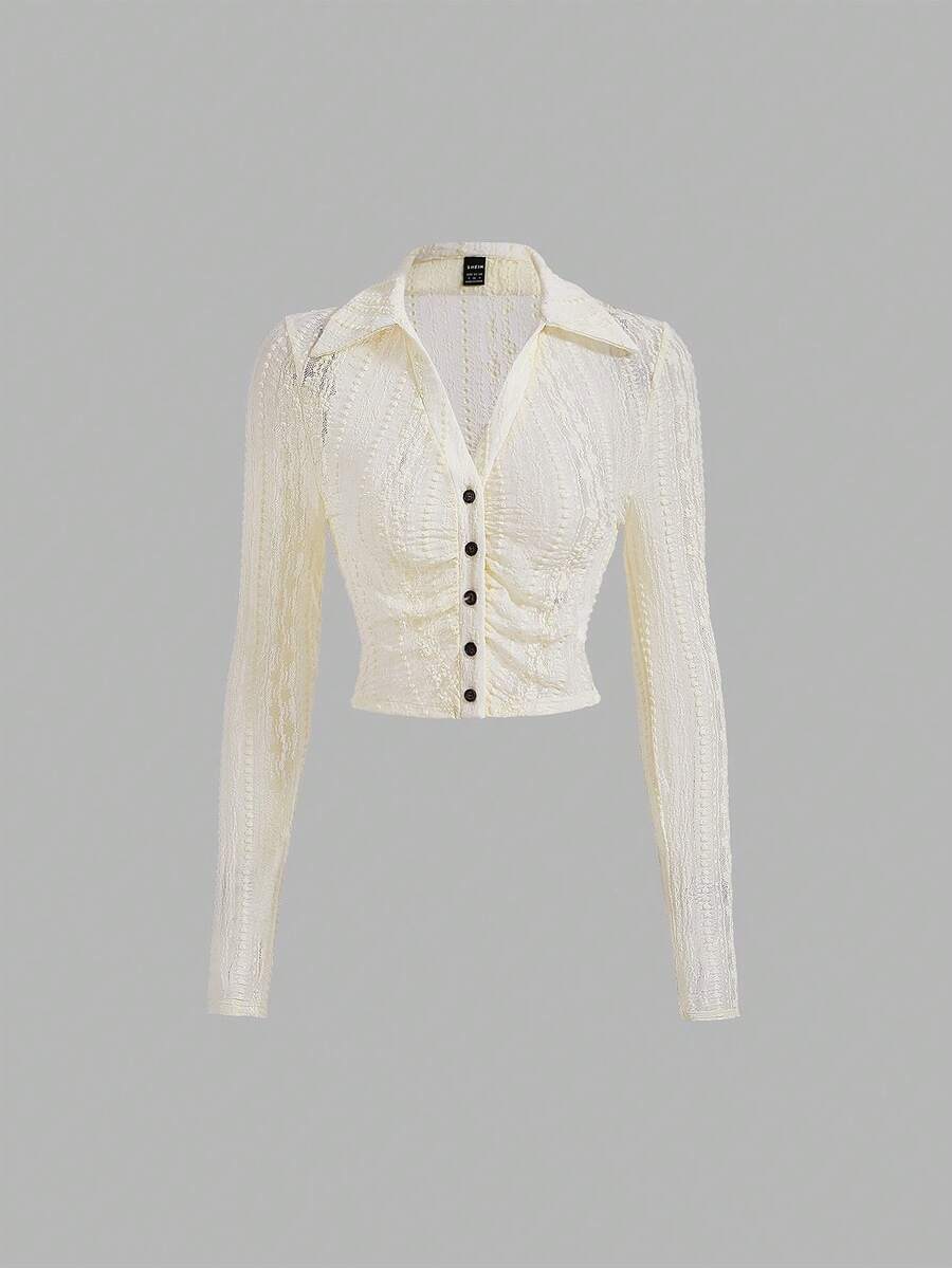 SHEIN MOD Áo thun nữ Xù Nút phía trước màu trơn Giải trí - Màu be - Xem 1