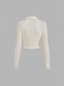 SHEIN MOD Áo thun nữ Xù Nút phía trước màu trơn Giải trí - Màu be - Xem 2