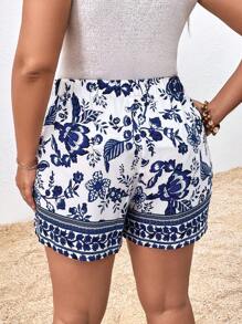 SHEIN VCAY 加大花卉印花前系带夏季波西米亚风短裤 - 藍色 - 查看 3