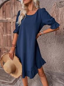 EMERY ROSE Vestido unicolor bajo con fruncido de manga con volante - Azul Marino - Ver 3