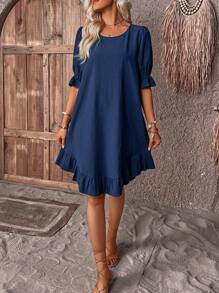 EMERY ROSE Vestido unicolor bajo con fruncido de manga con volante - Azul Marino - Ver 6