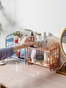 1pc Plastic Storage Rack, Modern Double Layer Holder For Desktop - Pink - View 2