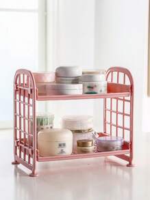 1pc Plastic Storage Rack, Modern Double Layer Holder For Desktop - Pink - View 1