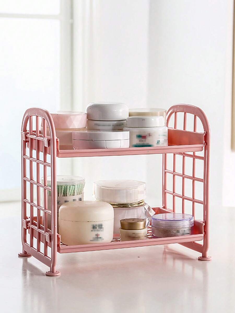 1pc Plastic Storage Rack, Modern Double Layer Holder For Desktop - Pink - View 1