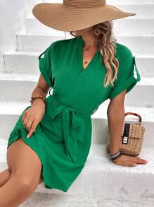 SHEIN VCAY 素色捲邊袖缺口領繫腰帶連衣裙 - 綠色 - 查看 1