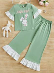 SHEIN Chicas Conjunto de pijama con estampado de conejo y letra ribete con fruncido de manga con volante - verde menta - Ver 1
