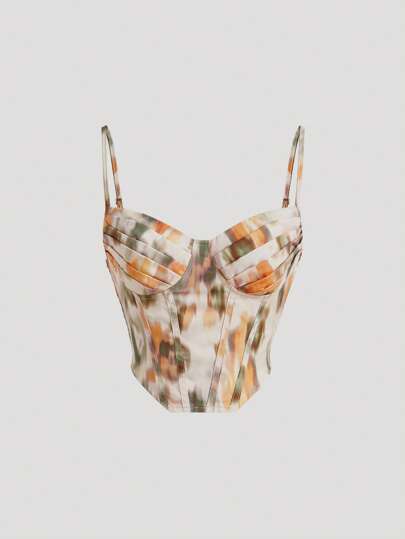 SHEIN MOD Retro Vintage Clothes Halo Dyed Floral Print Asymmetrical Hem Tie Dye Bustier Corset Structure Cami Top, Beach Top, Party Top, Cowgirl, Western, Elegant For Women, Vintage Outfits,70s Outfits, Retro, Tank Top, Casual Top, Spring/Summer Outfits, Going Out Top, Birthday, Retro Top