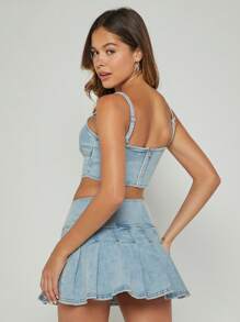 Denimoi Conjunto de 2 piezas con top de tirantes de mezclilla con dobladillo de pañuelo y falda