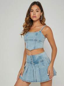 Denimoi Conjunto de 2 piezas con top de tirantes de mezclilla con dobladillo de pañuelo y falda