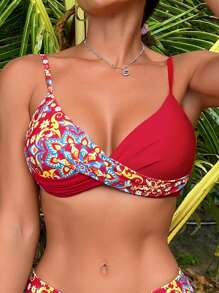 Floral Print Crisscross Front Push Up Bikini Top, For Summer Beach Vacation - Red - View 1