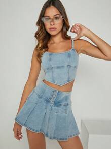 Denimoi Conjunto de 2 piezas con top de tirantes de mezclilla con dobladillo de pañuelo y falda