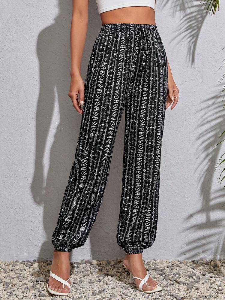 SHEIN Tall Pantalones con estampado geométrico de cintura con nudo - Blanco y Negro - Ver 4