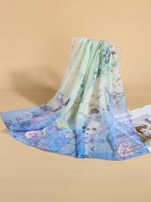 Floral Print Chiffon Scarf - Blue - View 1
