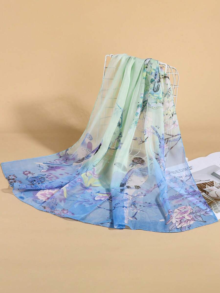 Floral Print Chiffon Scarf - Blue - View 1