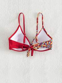 Floral Print Crisscross Front Push Up Bikini Top, For Summer Beach Vacation - Red - View 2