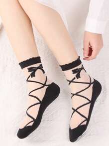 蝴蝶結圖案中筒襪 - 黑色 - 查看 1